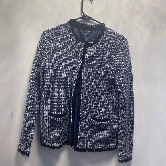 J.Crew Tweed Jacket S Blue & White Fringed Edge - Picture 2 of 11
